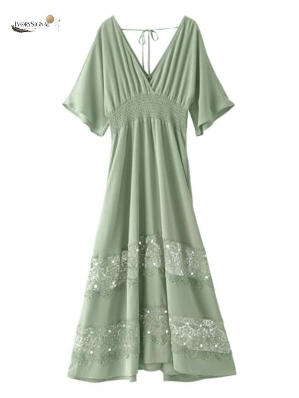 Women's Boho Maxi Dress V-Neck Short Sleeve Lace Smocked Waist Flowy